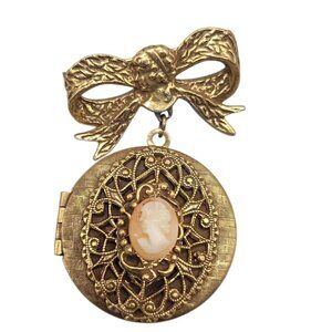 Hand-carved Dangling Cameo Locket Brooch Large Bow Gold Plated Vintage 18kgp